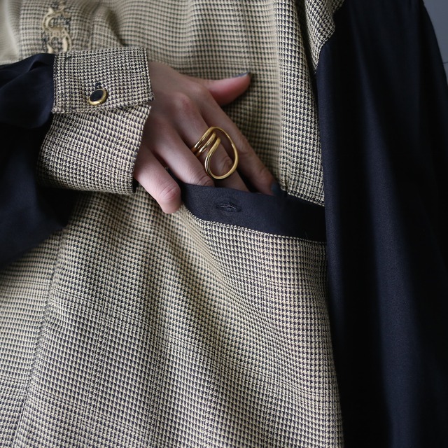 "刺繍" switching pattern fry-front band collar minimal mode shirt