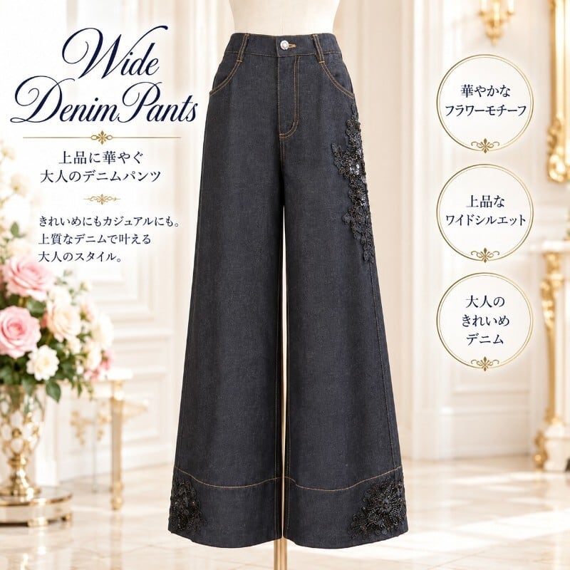スーパービューティー デニムパンツ ワイドパンツ フラワーレース