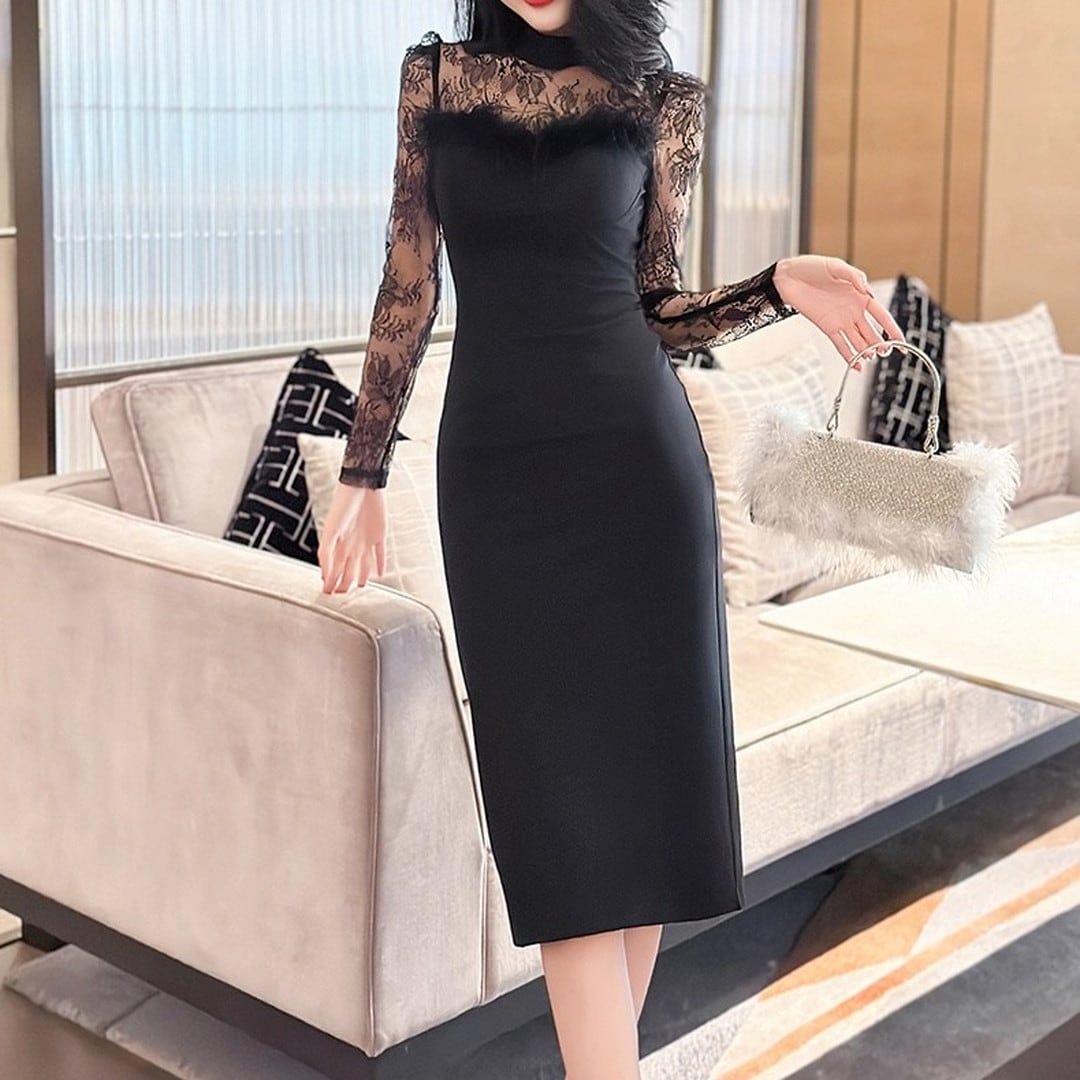 Lace Long Sleeve Midi Tight Dress(2color) V297