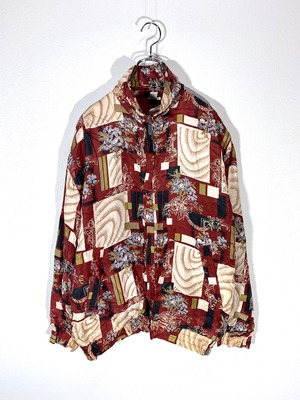 総柄 デザインシルクブルゾン 花柄 肩パット