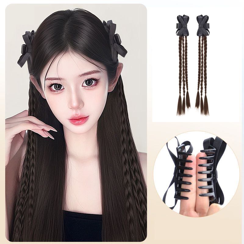 A153. リボン付き 編み込み風ヘアクリップ（ツインブレイド