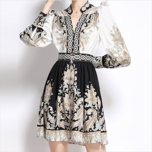 【送料無料】 ミニドレス  Aライン・フレア  エレガント系  きれいめ  大人可愛い  長袖  こなれ感  ペイズリー柄  レディースファッション・可愛い  フリル  韓国  Vネック  春  お出かけ・女子会・デイリーユース・パーティ・二次会