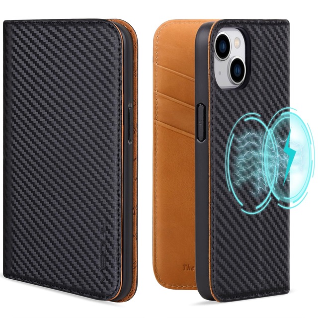 VISOUL iPhone15 ケース 手帳型 本革 MagSafe対応 アイフォン15 ケース 手帳型ケース スマホケース レザーケース カード収納 携帯カバー 全面保護 柔軟なTPU素材 マグネット式 スタンド機能付き アイホン 15 カーボンレザー カーキ