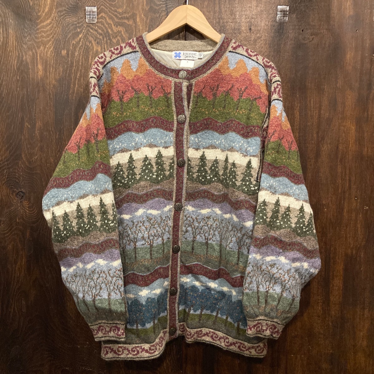 Icelandic Design クルーネック カーディガン 総柄 ウールニット M 