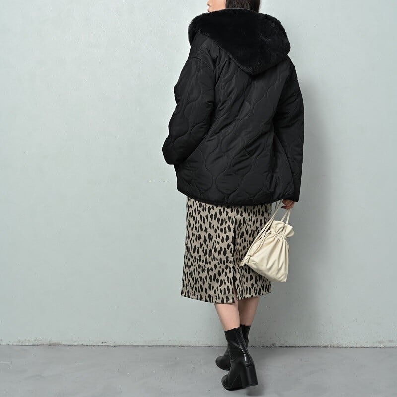 2点SET】ラビット風エコファーフードベスト×キルティング中綿コートSET