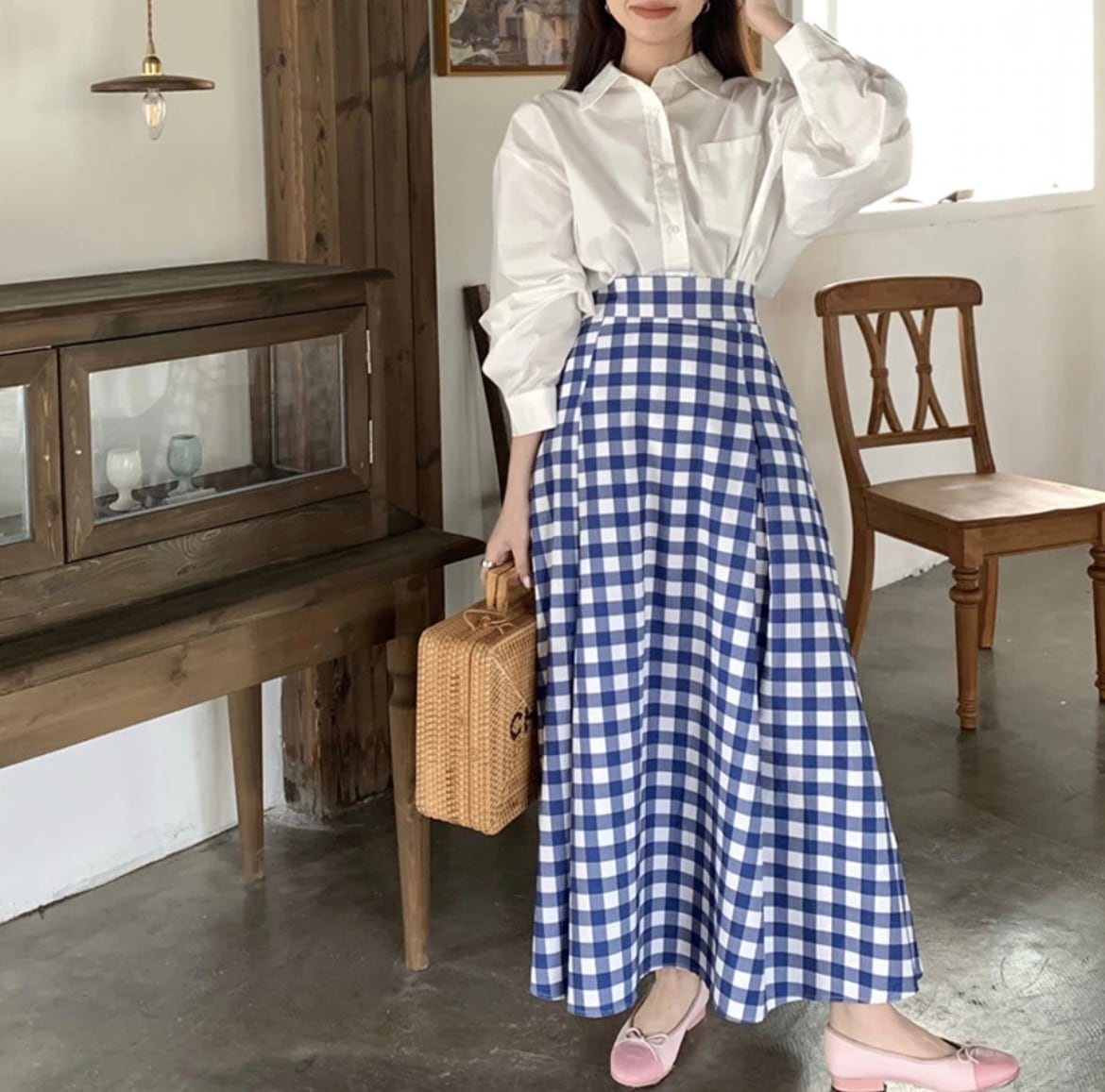【2サイズ】ギンガムチェックロングスカート