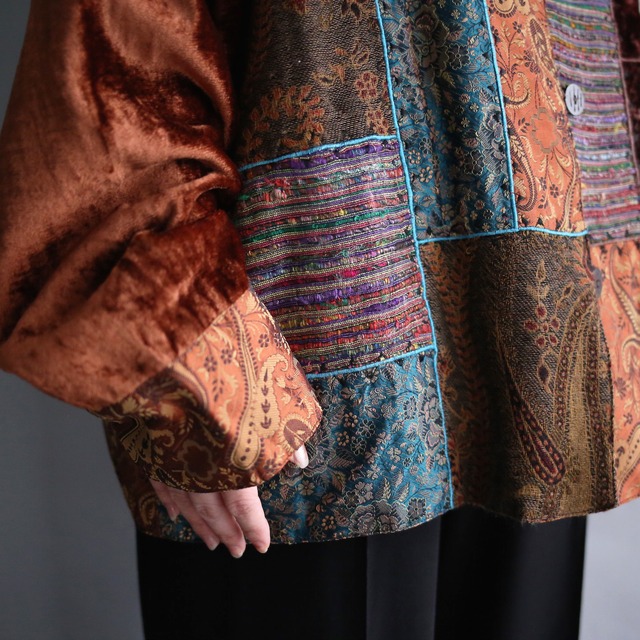 multi fabric patchwork china motif velours jacket