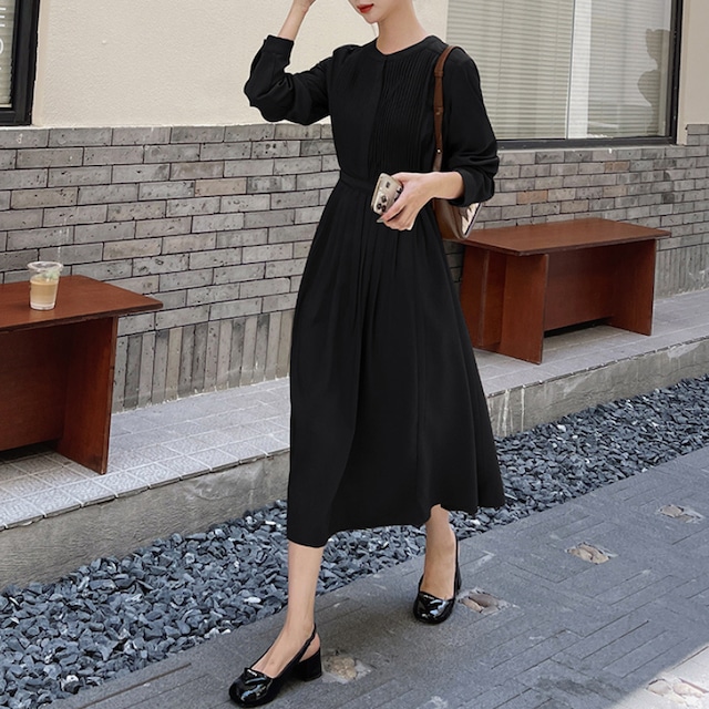 プリーツウエストマークミモレ丈ワンピース♢全2色　11159