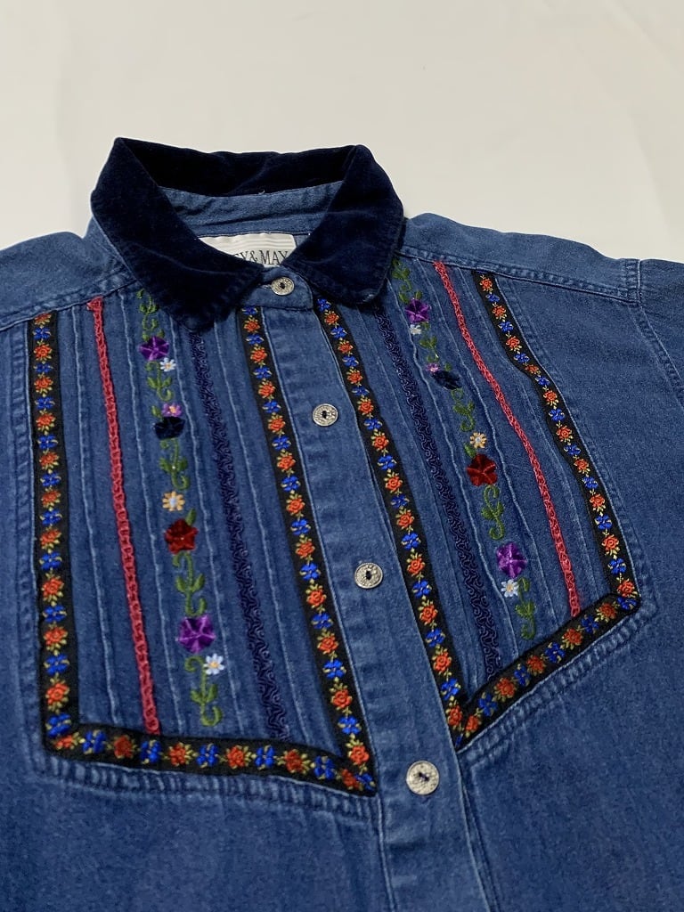 1990's Embroidery Switched Design Denim Long Sleeve Shirt