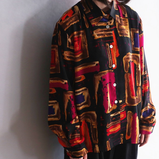 black base art colorful pattern l/s see-through shirt