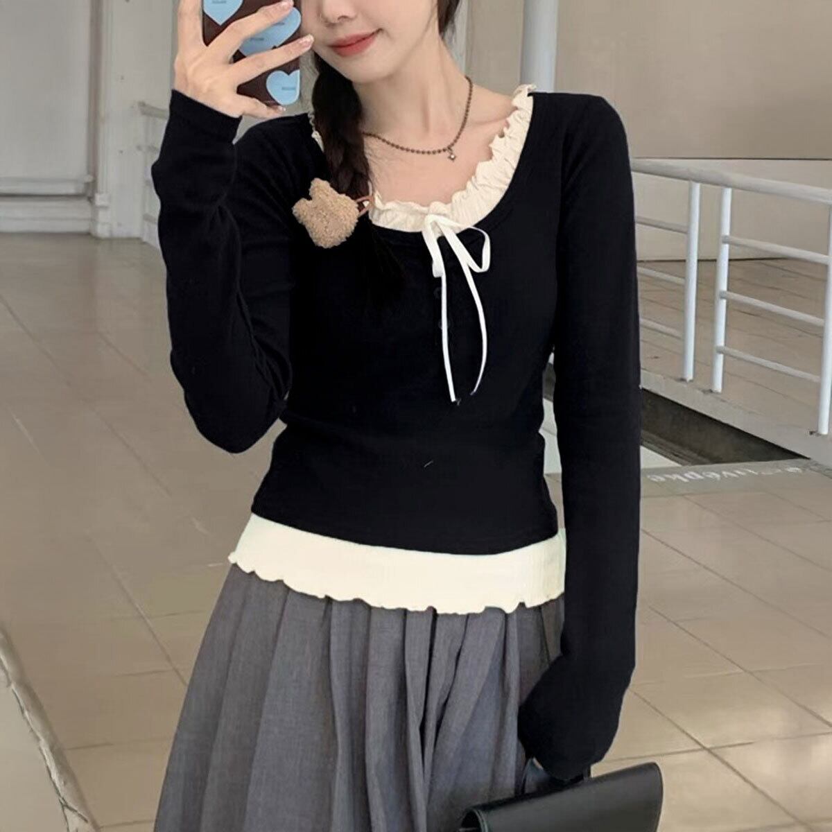 カップ付き レイヤード風 Tシャツ レディース 春秋 韓国 おしゃれ 大人 かわいい 長袖 トップス カジュアル 重ね着 フリル リボン 大人可愛い 大人女子