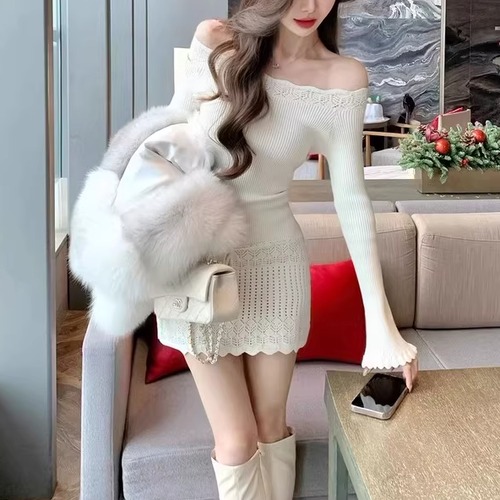 2色／オフショルダーリボンニットワンピ ・74065