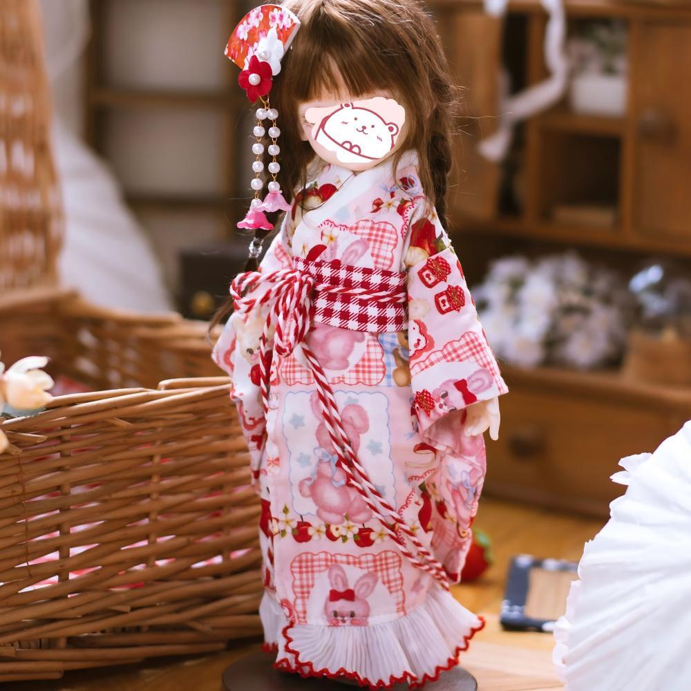 30cm/1/6ぬいぐるみ用 くま/花柄 和風着物+帯+ヘアアクセサリー