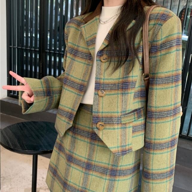 予約販売】セットアップ ミニスカート ジャケット チェック柄 上下