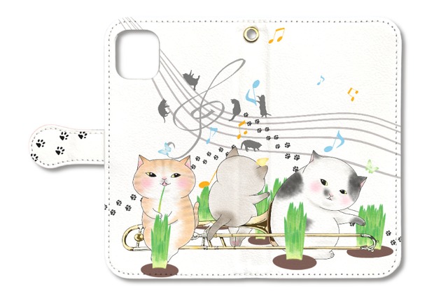 (iPhone用)トロンボーン猫の手帳型スマホケース(猫草)