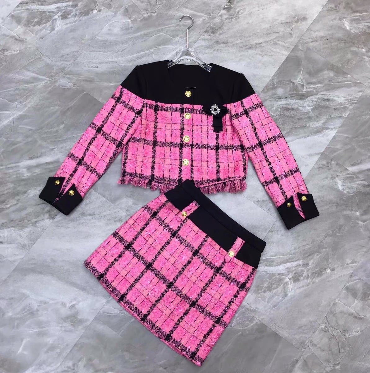 ピンクゴールド カラフルツイードのセットアップ 人気 DS ピンク