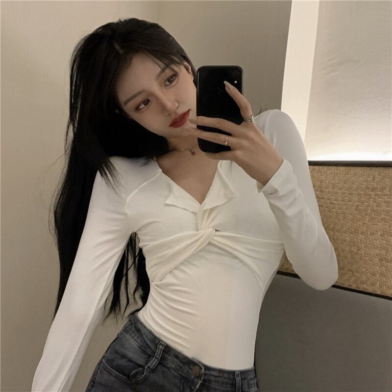 クロスプリーツVネックTシャツ シャツ レディーススプリングスリム ロング 春物 YY-ファッション54590526576