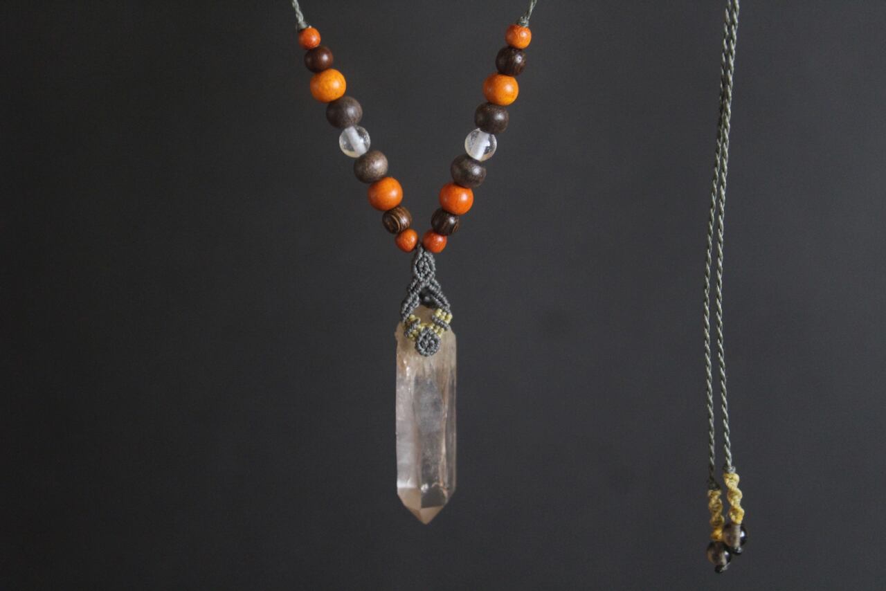 Himalayan crystal micro macrame wood pendant