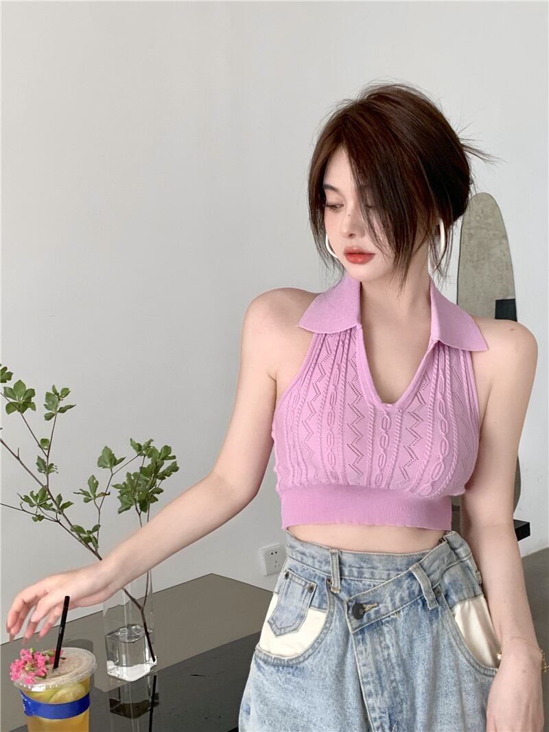 ホルターニットレディースサマーショートシャツ トップス 大人ガーリー スウィート キュート カジュアル 夏物 ブラックストロベリース18733127082