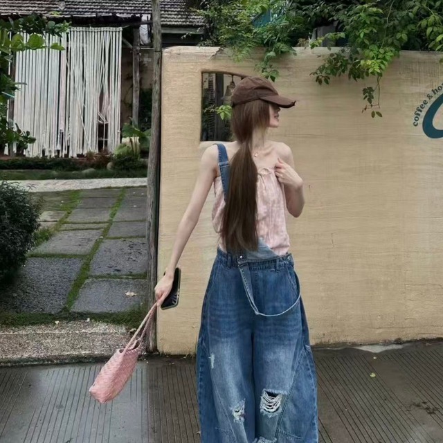 クラッシュポケットワイドラインデニムサロペット 1col R02555