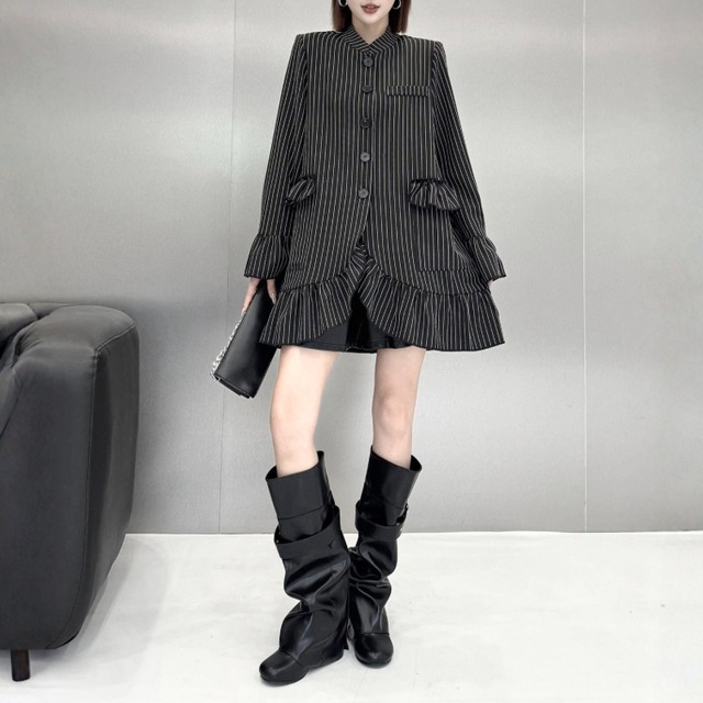 Pinstripe ruffle detail long shirt C1630