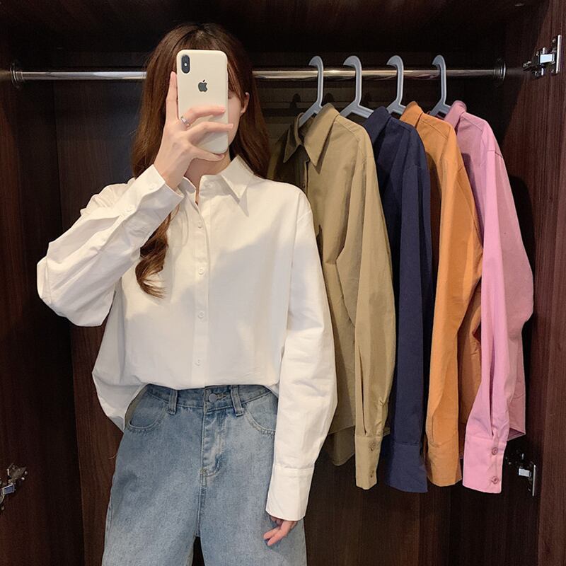 ホワイトシャツ スプリングカラールーズ薄手トップス ロング 春物 萌量不足63700927721
