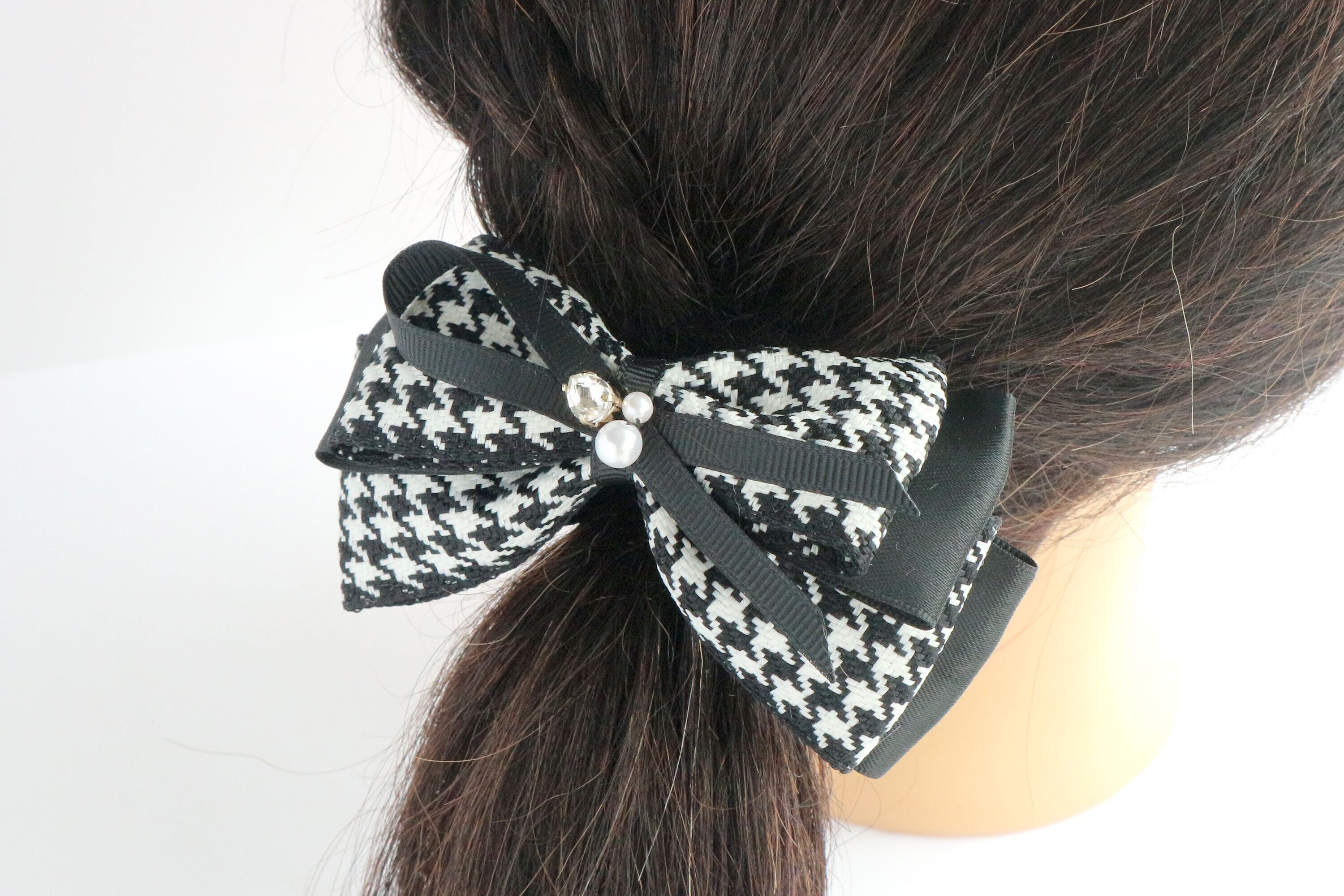 千鳥格子 リボンの大人可愛い上品シュシュ 黒 ブラック クリスマス