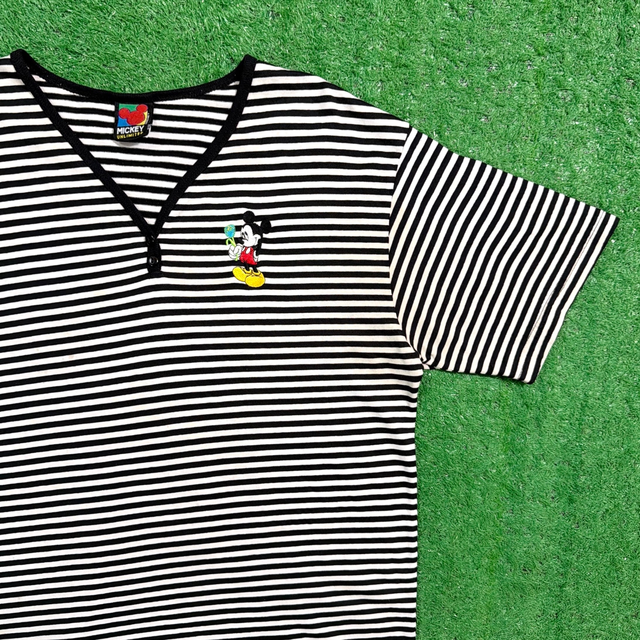 Unisex】 90s Disney Mickey Mouse 刺繍入り ボーダー スキッパー T