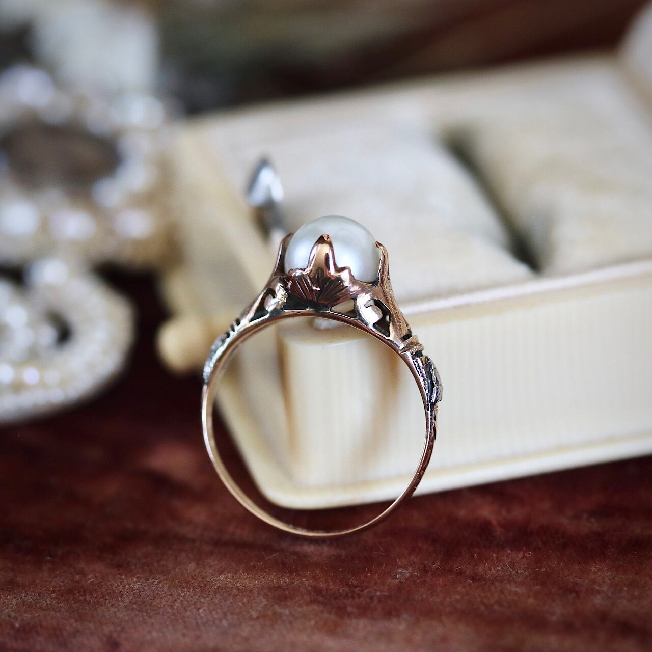 貴重】K18 一粒あこや真珠 二色金デザイン 和彫ヴィンテージリング