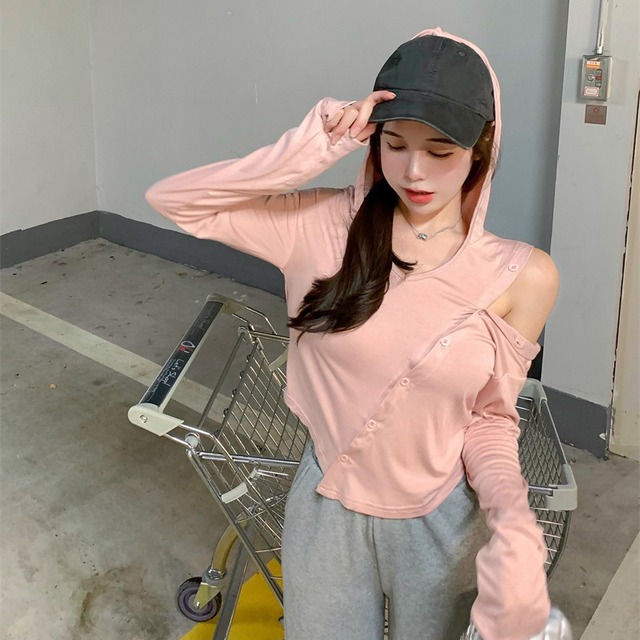 Tシャツ シャツ フードサマートップス ロング ピンク 夏物 オフショルダー ピュア ブラックストロベリース87736043403