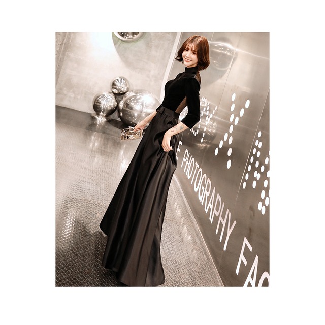 パーティードレス お呼ばれドレス シースルー袖 ロングドレス ベロア生地