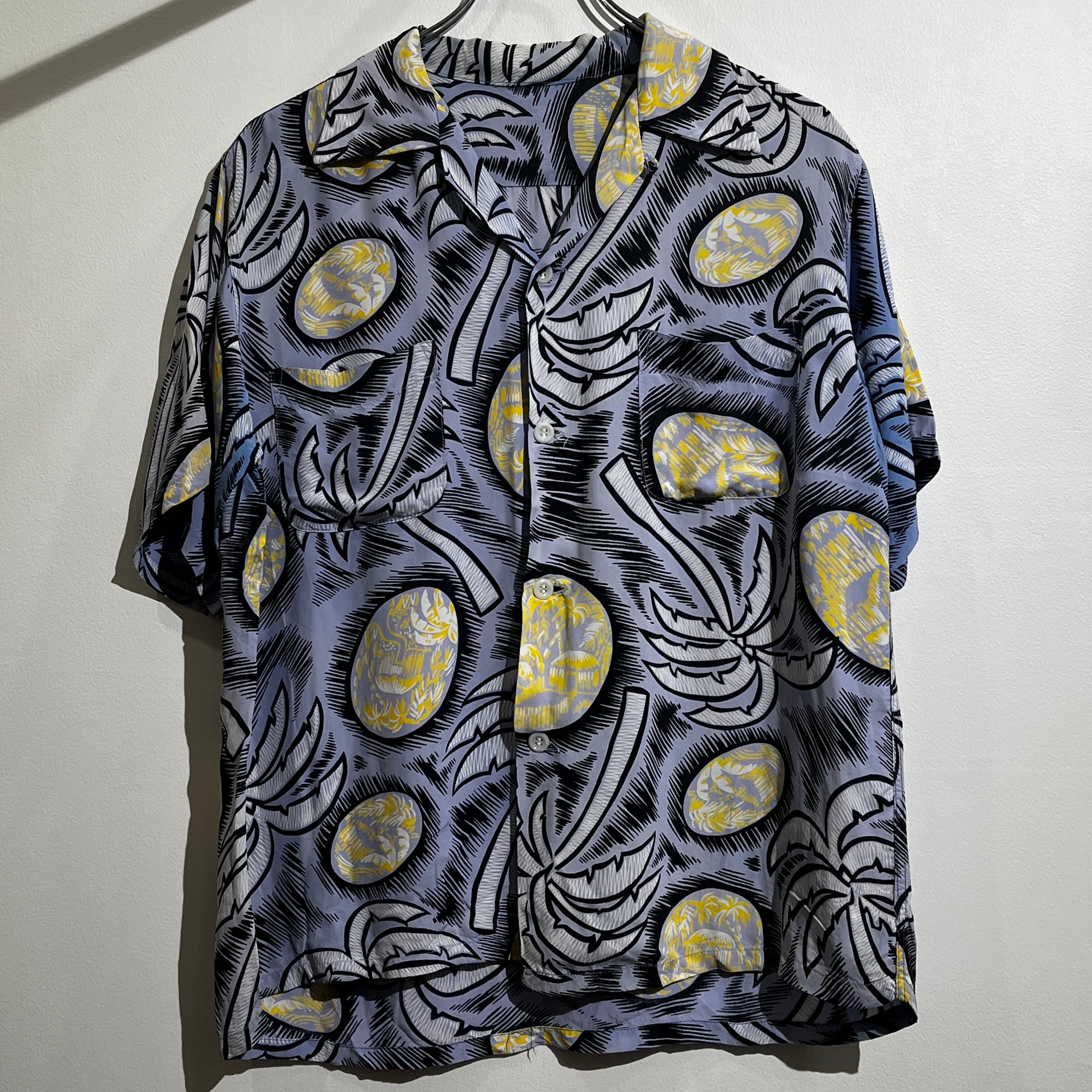50s S/S Rayon Hawaiian Shirt 50年代 ハワイアンシャツ 開襟 袋襟 M位