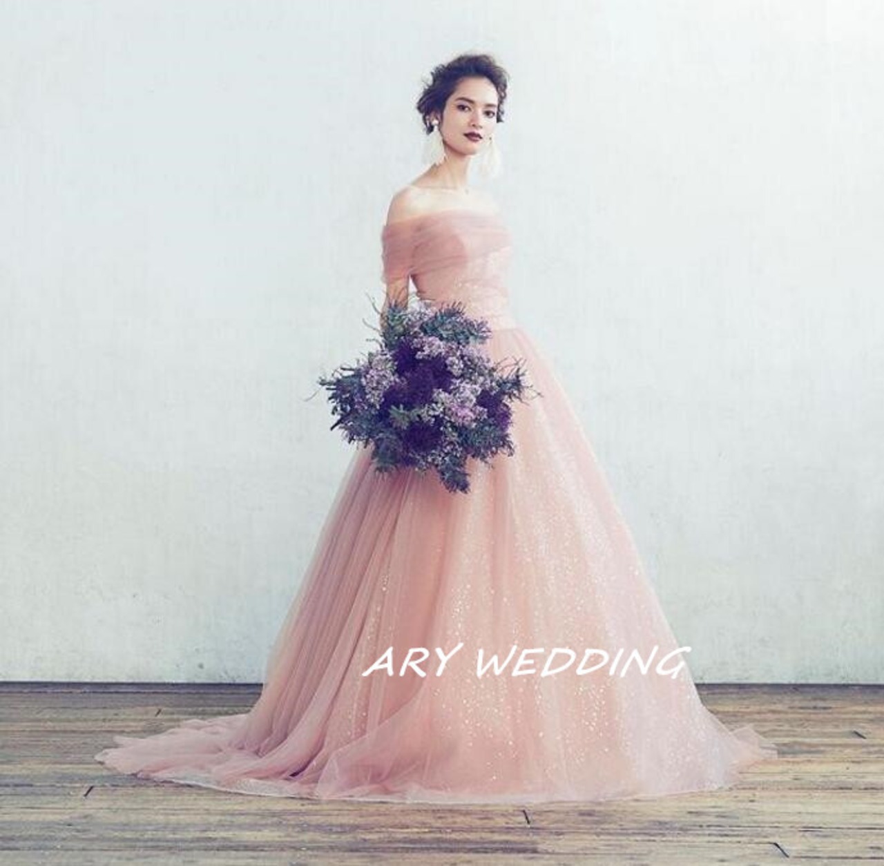 高品質！薄ピンク カラードレス パープル オフショル 華やかなトレーン  