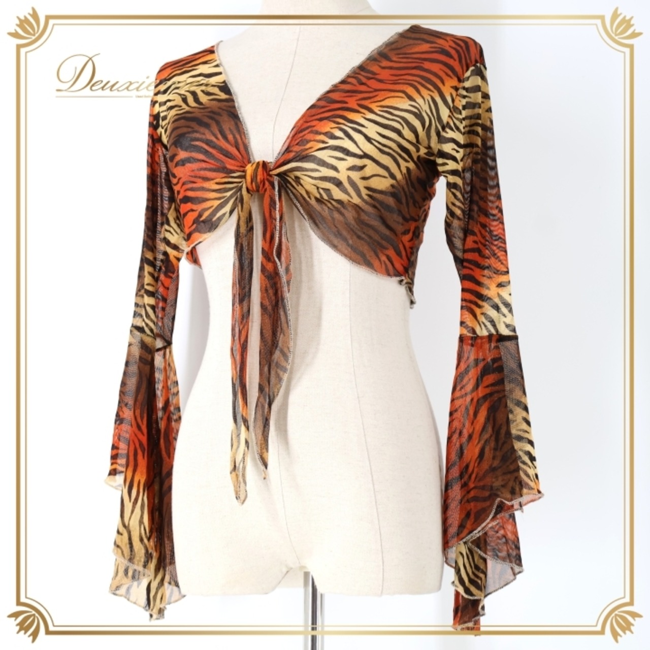 ベリーダンス 衣装 チョリ トップス ブラック系 クイーン Queen エジプト製 ゼブラ柄 模様 練習 レッスン 伸縮 ストレッチ 黒 橙 茶 派手 イベント ステージ かっこいい 華やか ブラウス 羽織り オレンジ系 ブラウン系