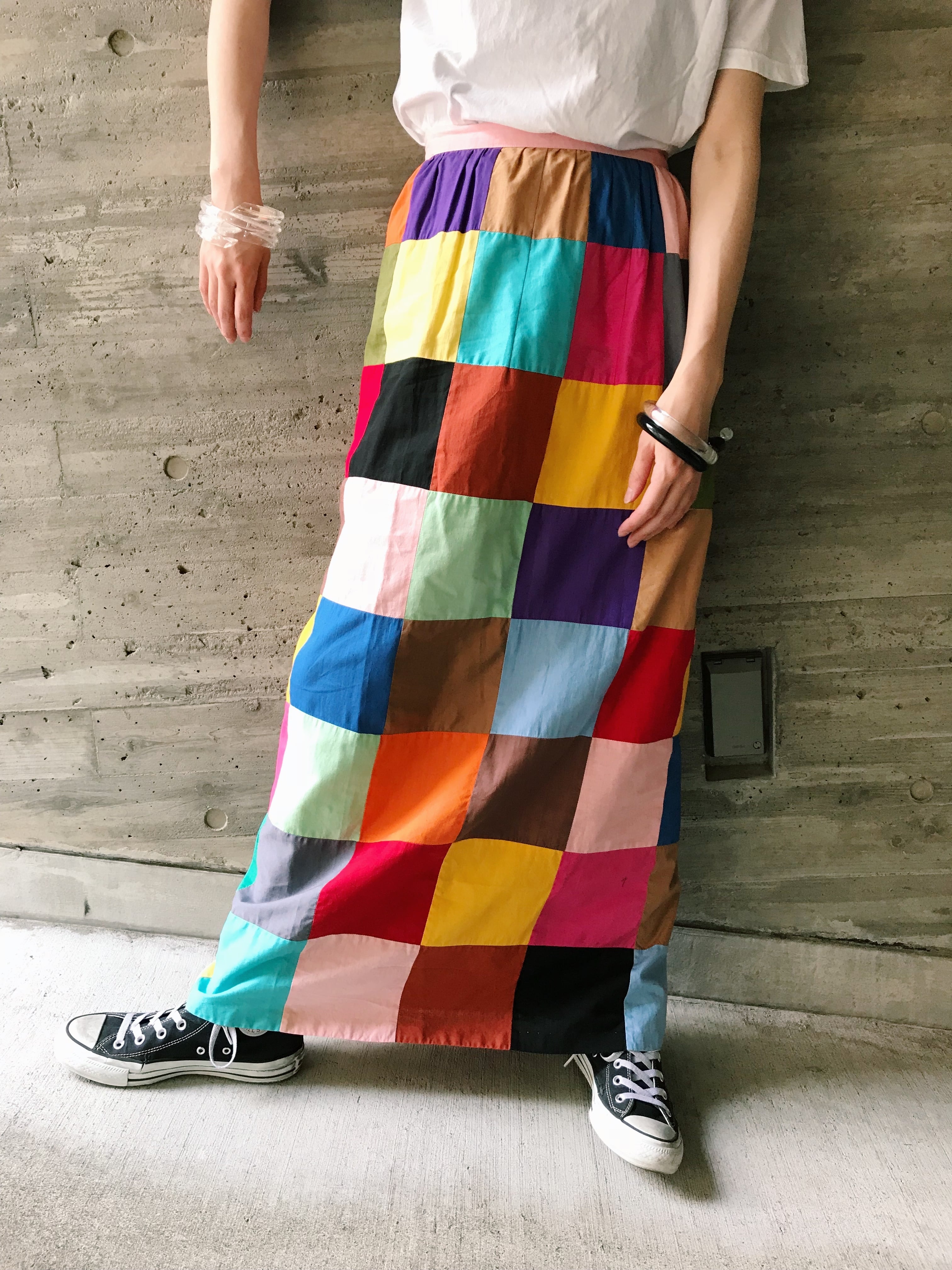 70s handmade multi color patchwork long cotton skirt ( ヴィンテージ ハンドメイド マルチカラー  パッチワーク コットン ロングスカート ) | Riyad vintage shop powered by BASE