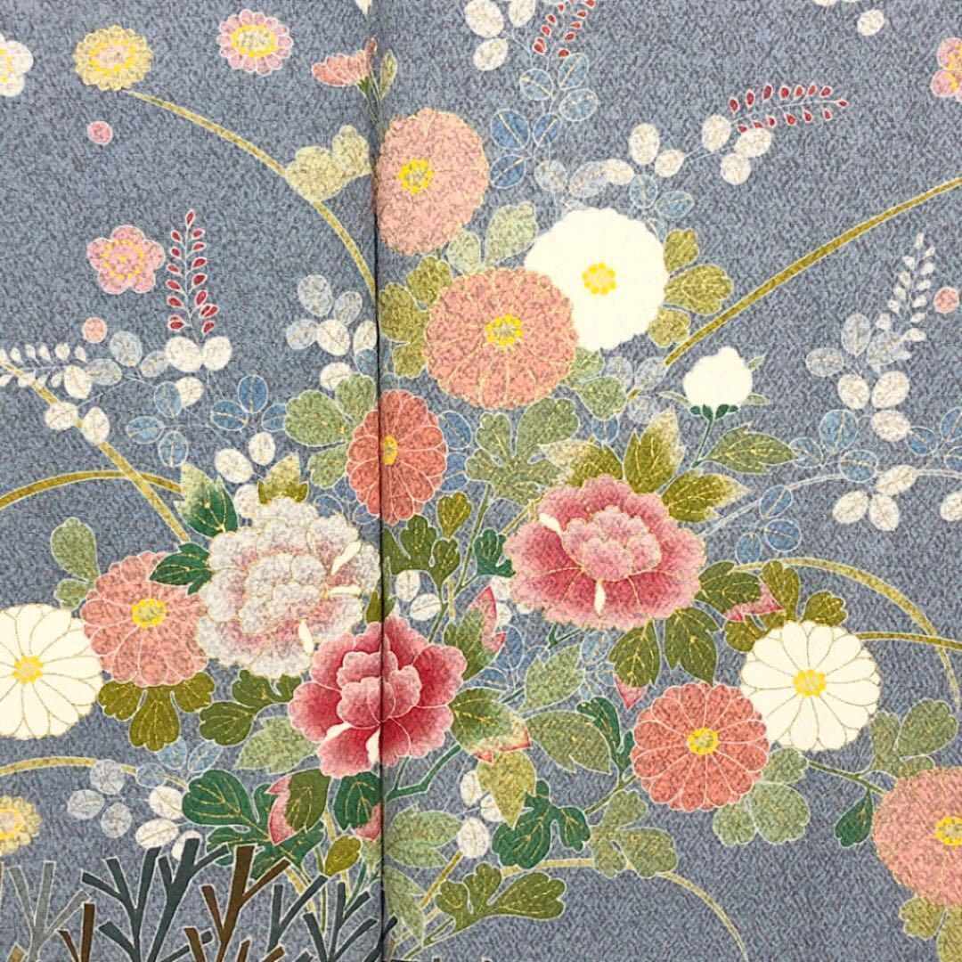 訪問着 二代目松井青々 京友禅 縮緬 叩き染め 四季の花 白群青色 訪問着 二代目松井青々 京友禅 縮緬 叩き染め 四季の花 白群青色