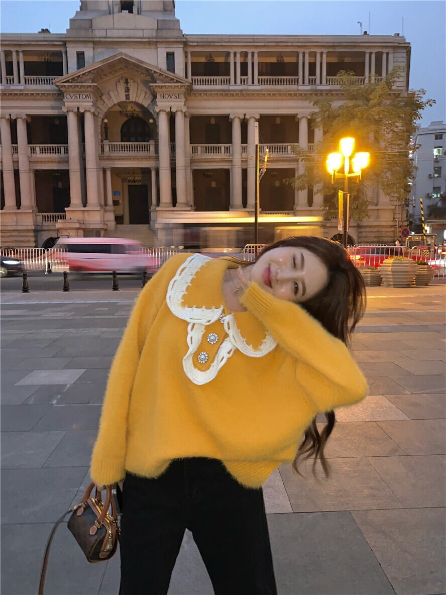 セーター ルーズカラースプリングスタンダードトップス レトロ 春物 ブラックストロベリース4115125295