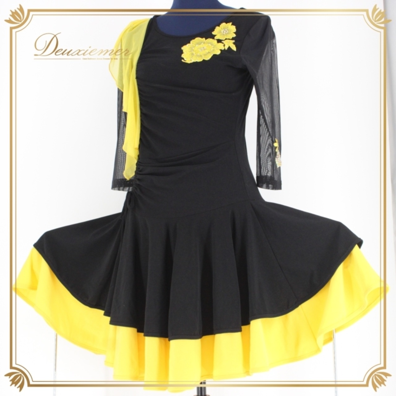 社交ダンス 衣装 ラテン ドレス ワンピース パーティ衣装 女性用 レディース オールシーズン 黒 黄色 ラインストーン ブラック系 イエロー系 ICHIOKU イチオク フレア スカート セクシー おしゃれ 発表会 ダンスパフォーマンス 楽器演奏 ショート丈