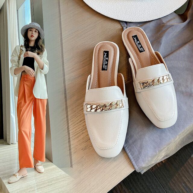 サンダル レディース バブーシュ シューズ ペタンコ チェーン ゴールド 上品 サイズ展開豊富 アプリコット/ブラック 22cm/22.5cm/23cm/23.5cm/24cm/24.5cm/25cm/25.5cm