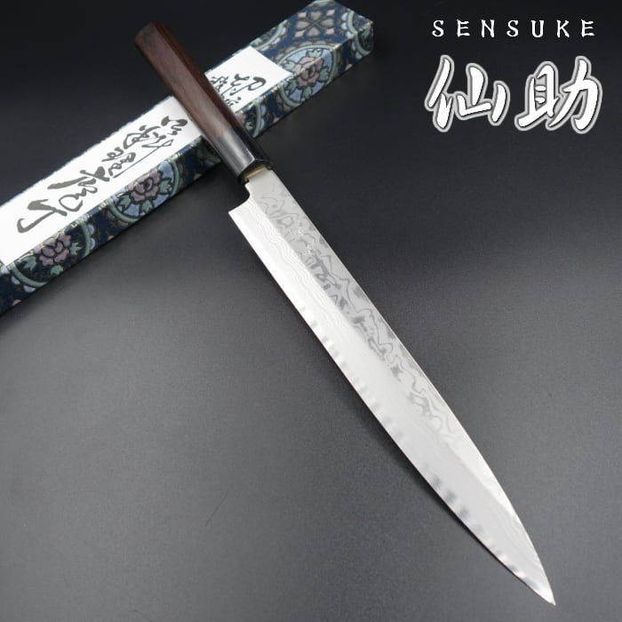 仙助 柳刃包丁 ダマスカス 安来鋼青紙2号 240mm 紫檀シノギ柄