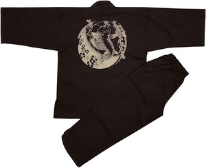 [江戸てん] 作務衣 柔らかい平織り 抜染オリジナル柄 鯉と枝垂れ桜 茶