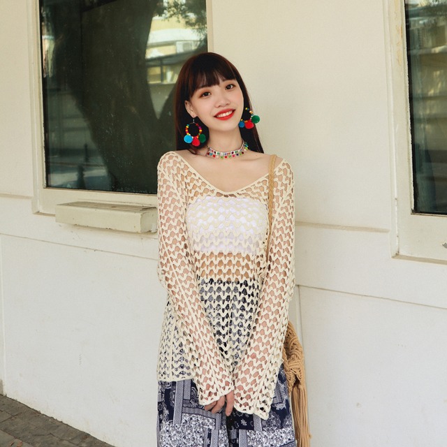 ボヘミアンVネックブラウス ロングルーズ薄手 長袖 大人ガーリー スウィート キュート カジュアル 延命家ファッション57786819134