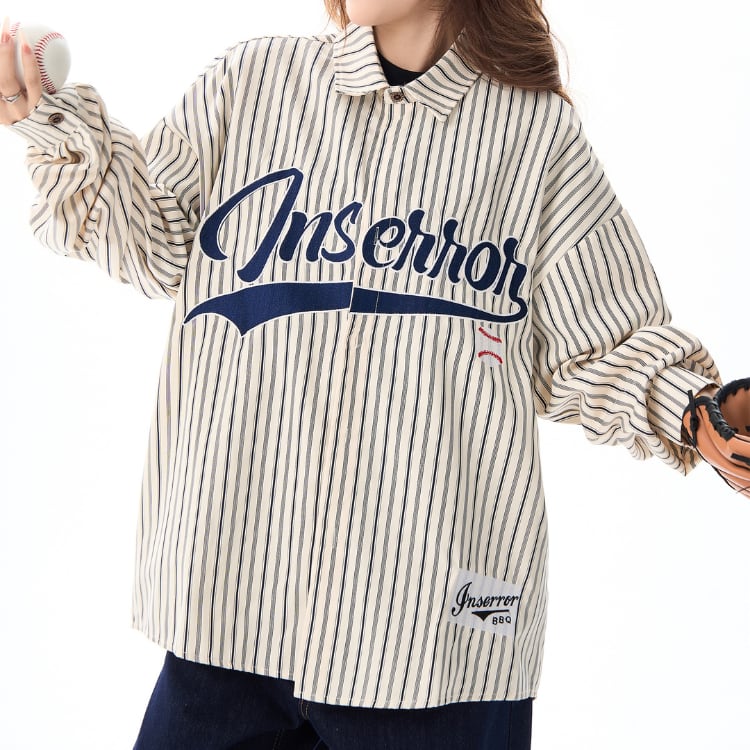 ストライプ柄 ロゴ 長袖 オープンカラー シャツ ◆2col L00010