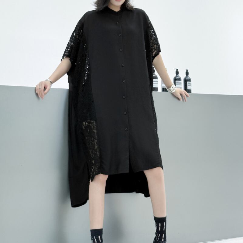 レース切替 ロング丈 Aラインシルエット シャツワンピース 3color ON0923