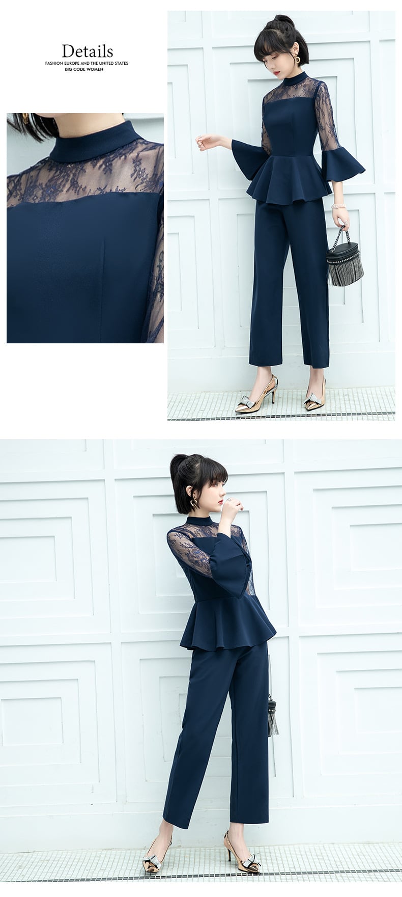 パーティードレス パンツ ペプラム フレアスリーブ シースルー 4 color>レース シースルー ペプラム パンツ ドレス | she is