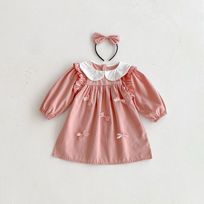 リボンが可愛い ピンクの姉妹おそろい長袖ロンパース/ワンピース