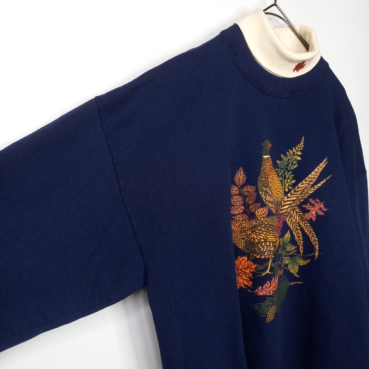 90s　アメリカ製　ハイネック　スウェット　トレーナー　アニマル柄　プリント　ネイビー　L