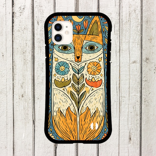 受注生産 iPhoneケース 白猫と花の民芸装飾柄｜猫モチーフ PSYF015B