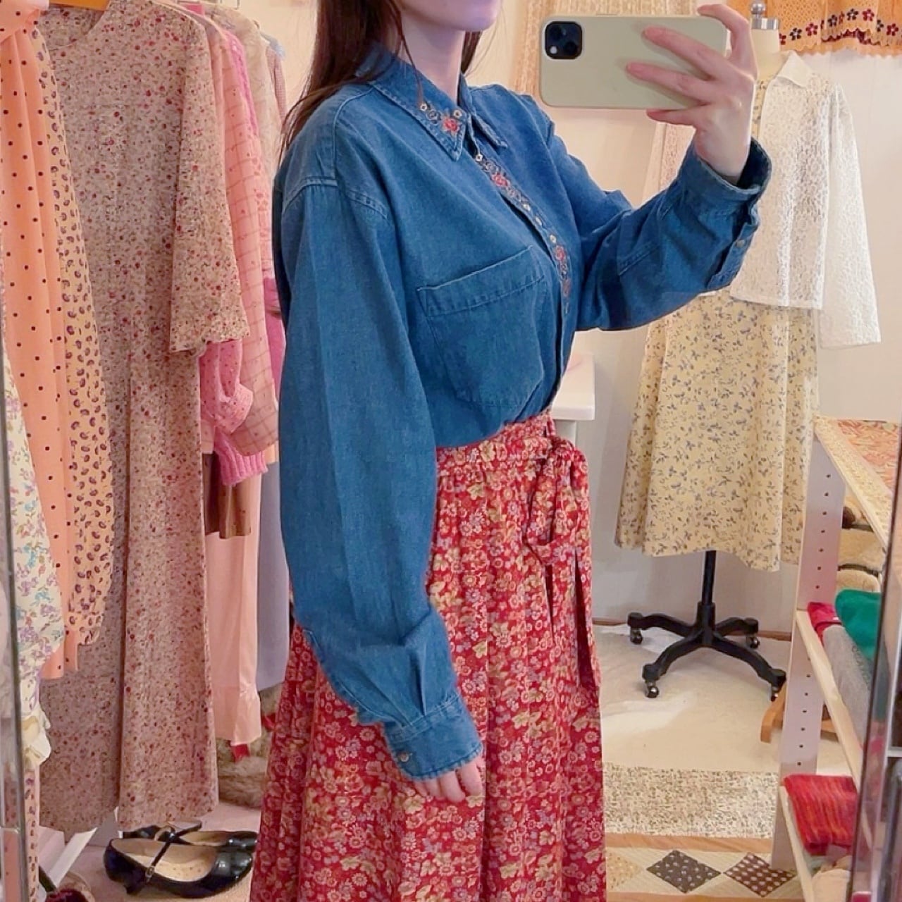 rose embroidery denim shirt