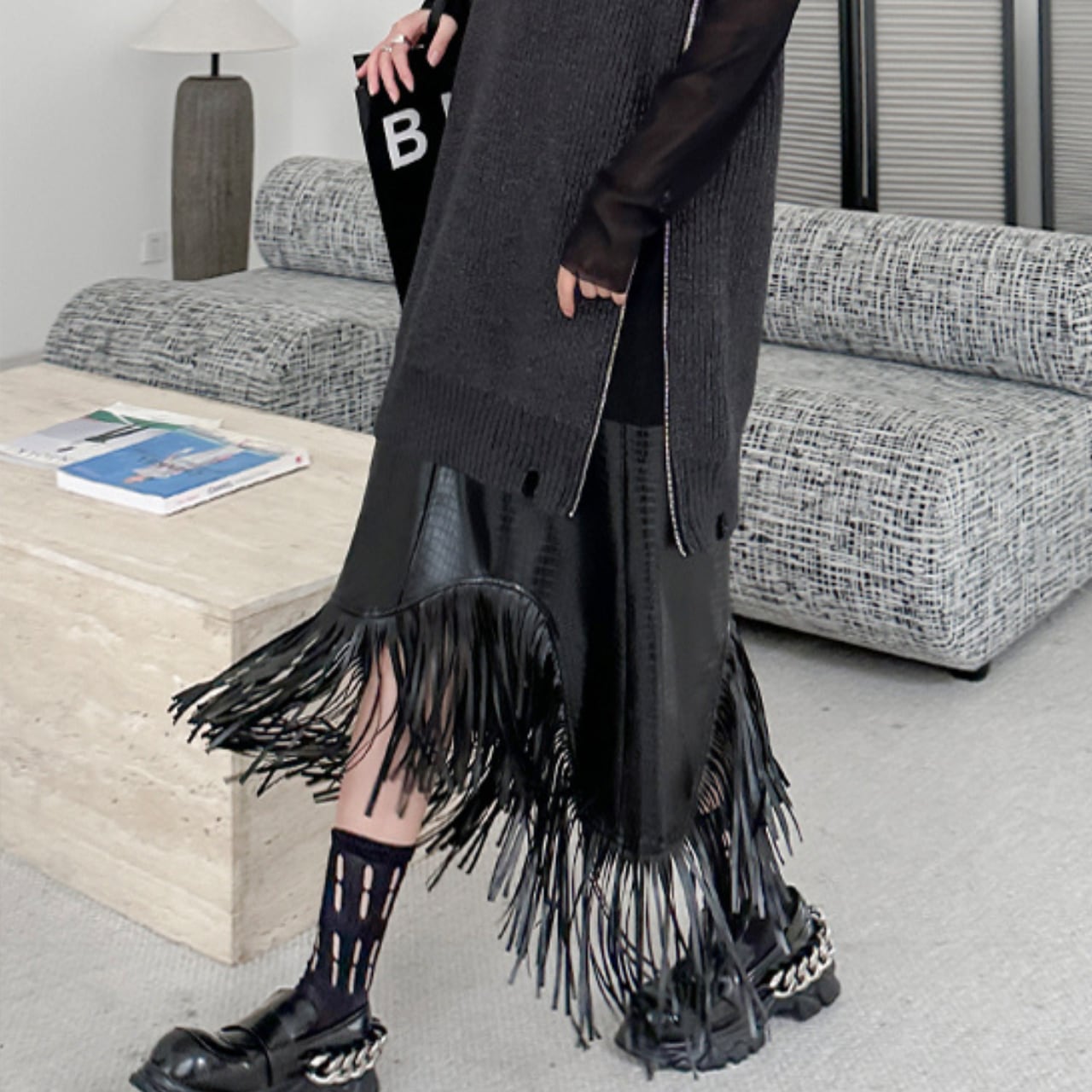 Leather fringe hem design skirt S509
